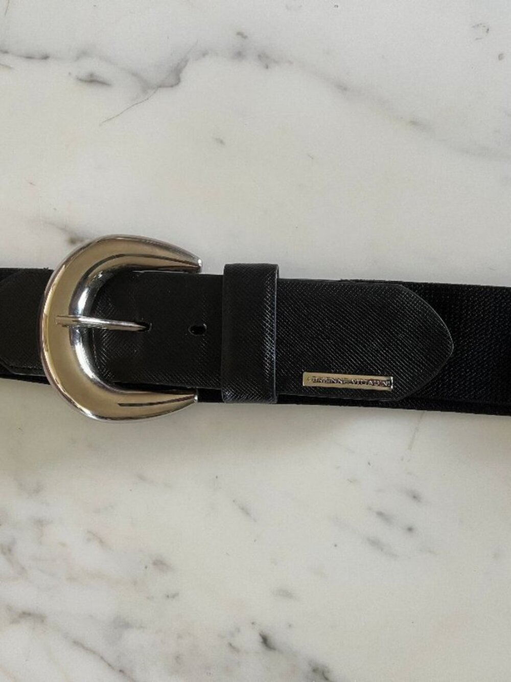Adrienne Vittadini Black Faux Leather Belt with Elastic Back & Silver Buckle